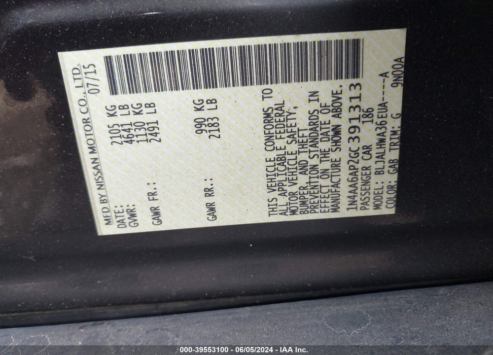 2016 NISSAN MAXIMA 3.5 PLATINUM VIN: 1N4AA6AP2GC391313