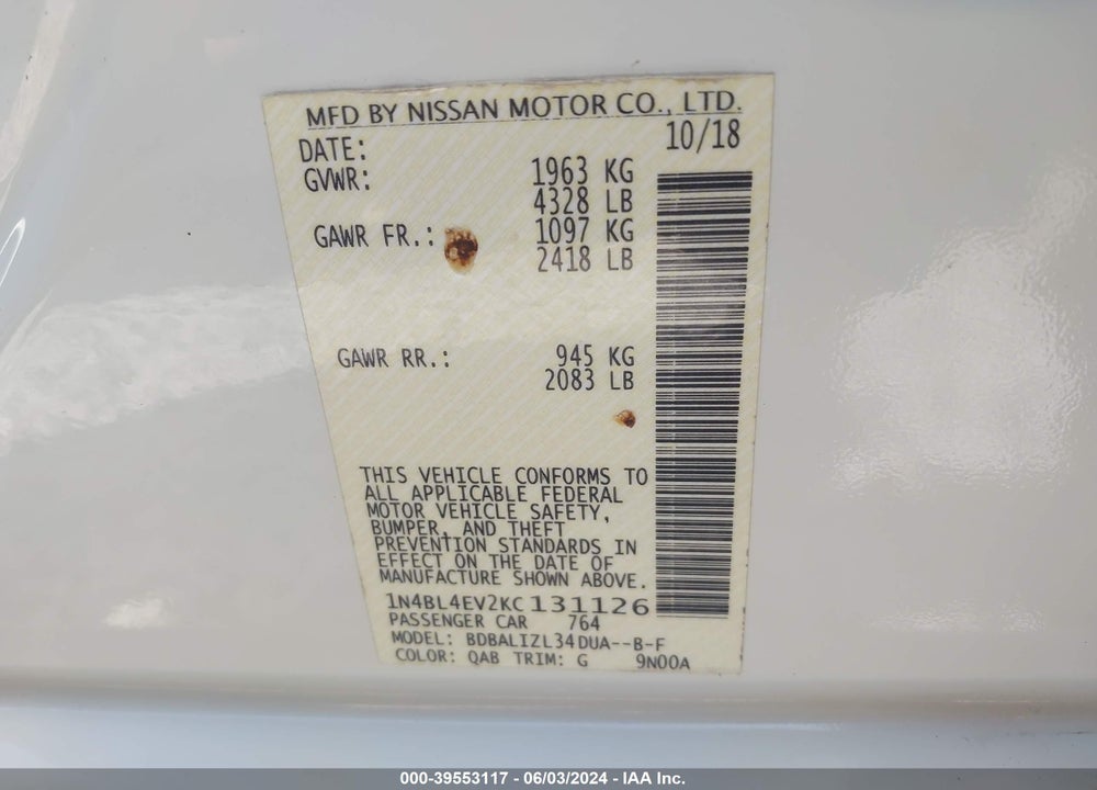 2019 NISSAN ALTIMA 2.5 SL VIN: 1N4BL4EV2KC131126