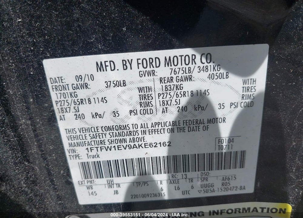 2010 HARLEY-DAVIDSON FORD F-150 FX4//KING RANCH/LARIAT/PLATINUM/XL/XLT VIN: 1FTFW1EV9AKE62162