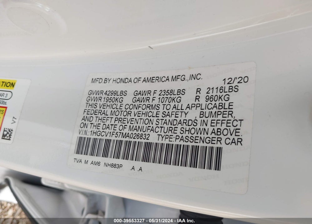 2021 HONDA ACCORD EX-L VIN: 1HGCV1F57MA026832