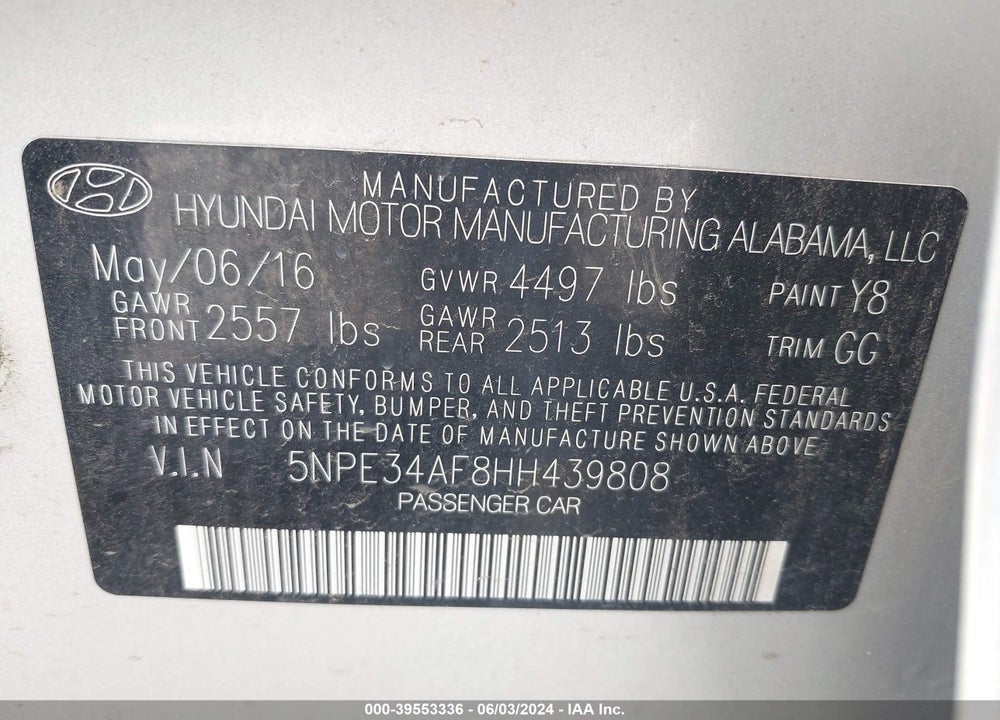 2017 HYUNDAI SONATA SPORT VIN: 5NPE34AF8HH439808