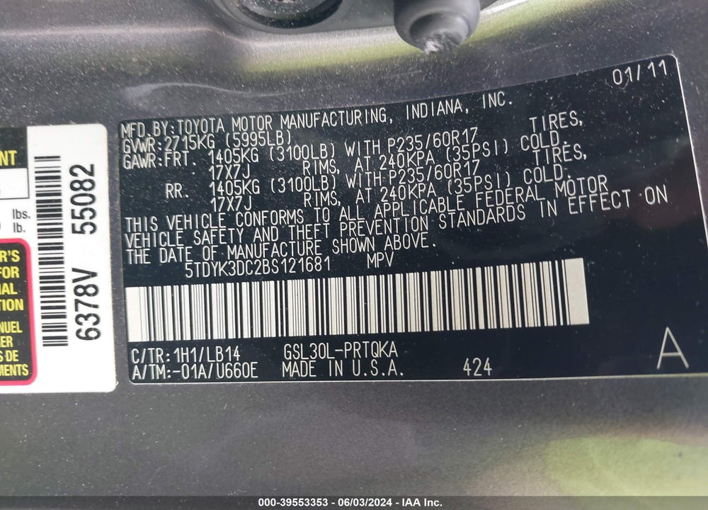 2011 TOYOTA SIENNA VIN: 5TDYK3DC2BS121681