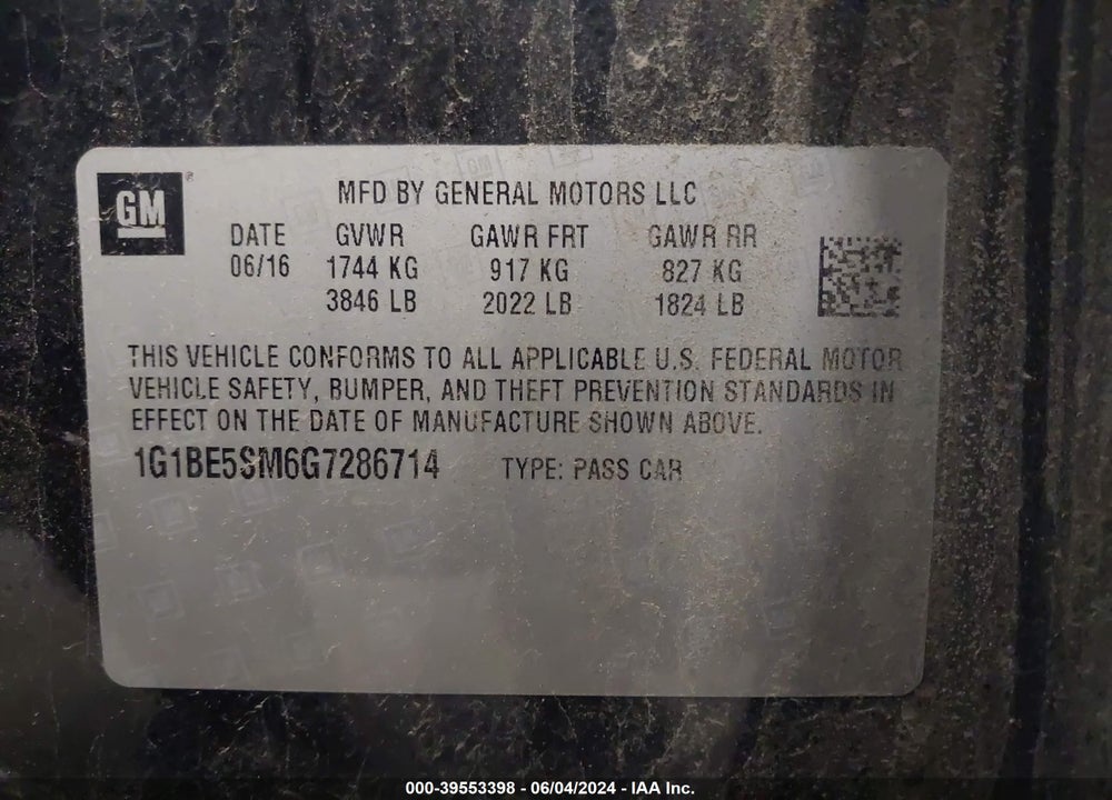 2016 CHEVROLET CRUZE LT AUTO VIN: 1G1BE5SM6G7286714