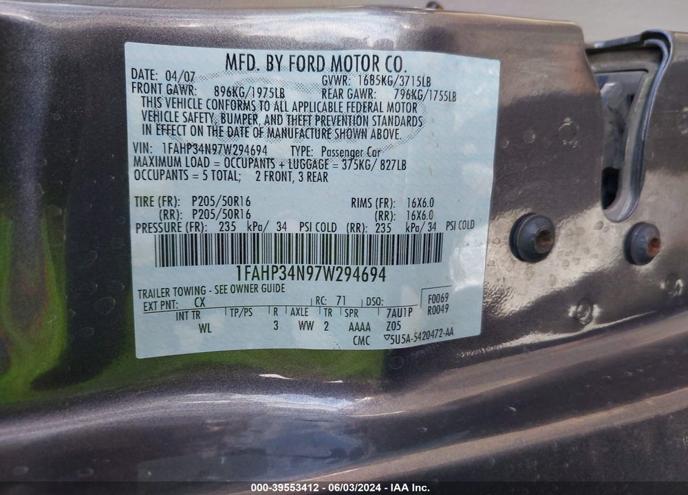 2007 FORD FOCUS VIN: 1FAHP34N97W294694