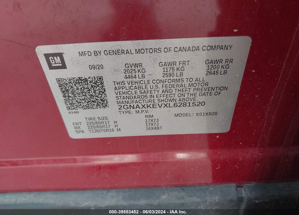 2020 CHEVROLET EQUINOX FWD LT 1.5L TURBO VIN: 2GNAXKEVXL6281520