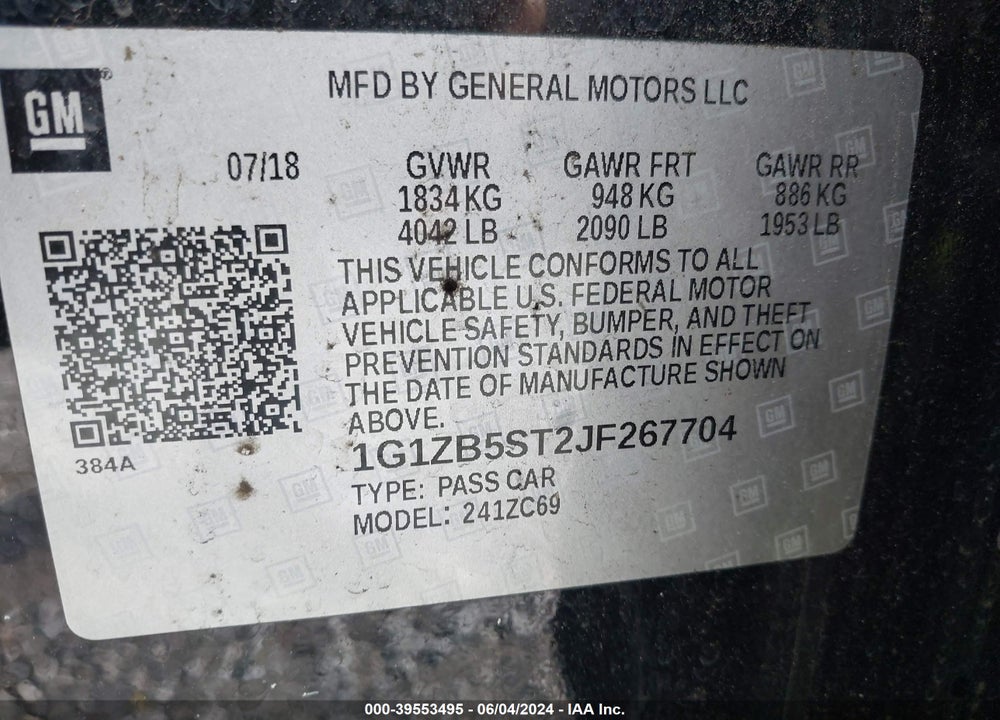 2018 CHEVROLET MALIBU 1LS VIN: 1G1ZB5ST2JF267704