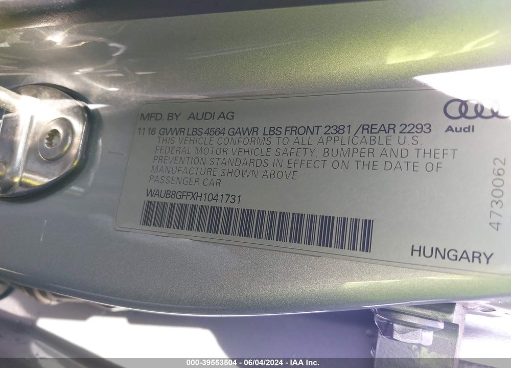 2017 AUDI A3 2.0T PREMIUM VIN: WAUB8GFFXH1041731
