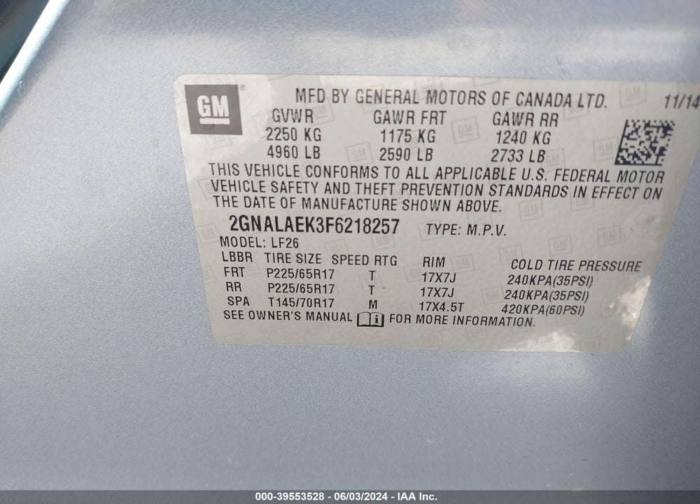 2015 CHEVROLET EQUINOX LS VIN: 2GNALAEK3F6218257