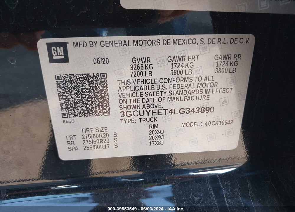 2020 CHEVROLET SILVERADO 1500 4WD SHORT BED RST VIN: 3GCUYEET4LG343890