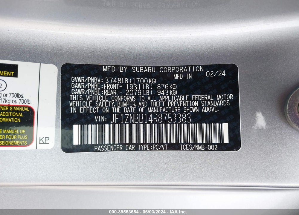 2024 TOYOTA GR86 BASE (A6) VIN: JF1ZNBB14R8753383