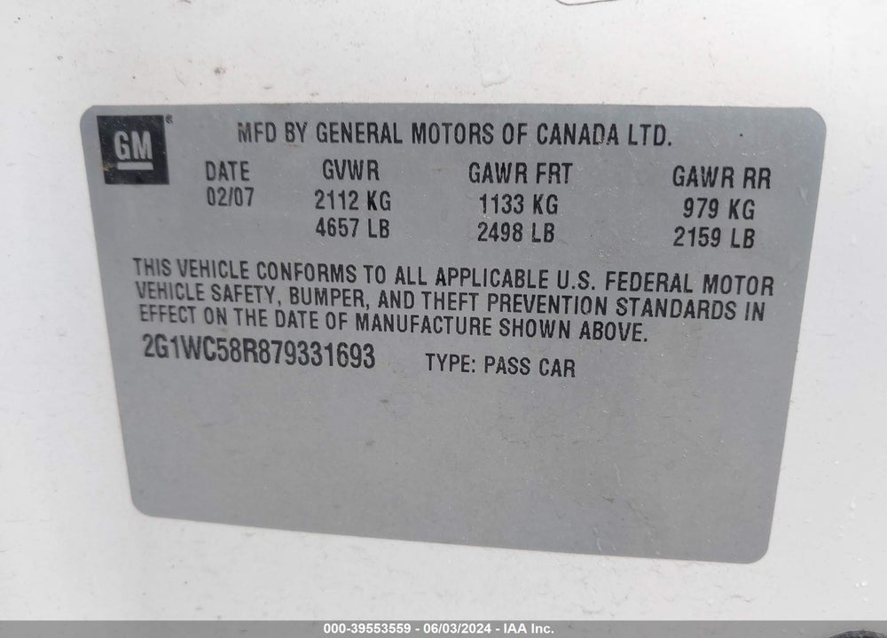 2007 CHEVROLET IMPALA VIN: 2G1WC58R879331693