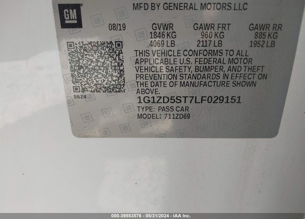 2020 CHEVROLET MALIBU FWD LT VIN: 1G1ZD5ST7LF029151