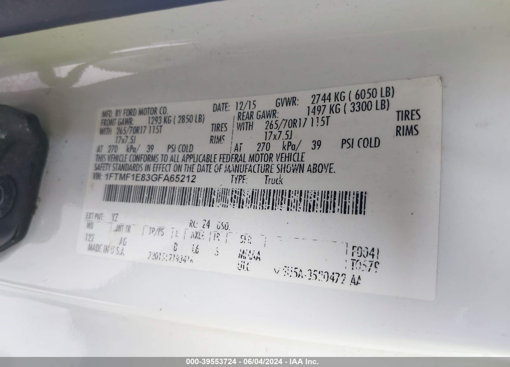 2016 FORD F-150 XL VIN: 1FTMF1E83GFA65212