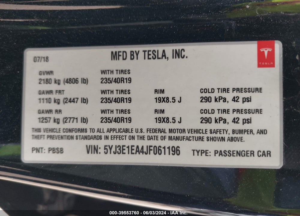 2018 TESLA MODEL 3 LONG RANGE/MID RANGE VIN: 5YJ3E1EA4JF061196