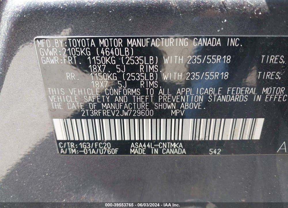 2018 TOYOTA RAV4 ADVENTURE VIN: 2T3RFREV2JW729600
