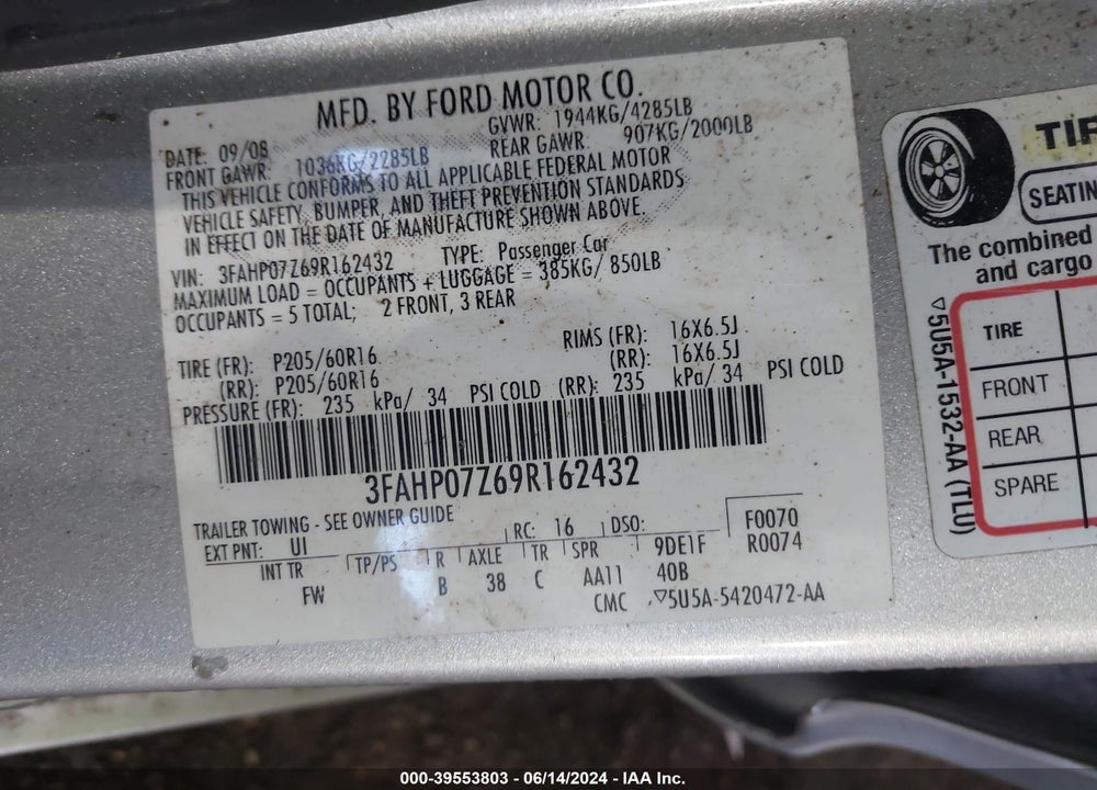 2009 FORD FUSION SE VIN: 3FAHP07Z69R162432