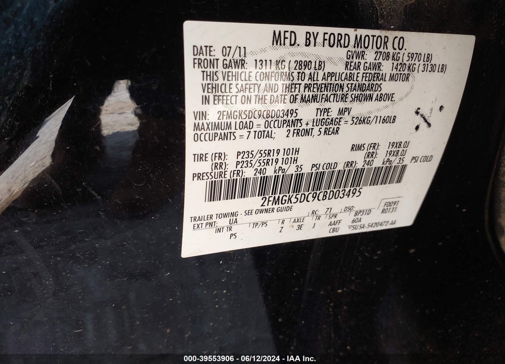 2012 FORD FLEX LIMITED VIN: 2FMGK5DC9CBD03495