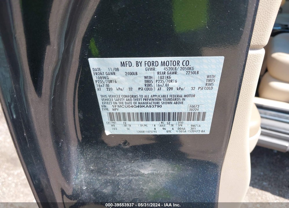 2009 FORD ESCAPE LIMITED VIN: 1FMCU04G49KA93790