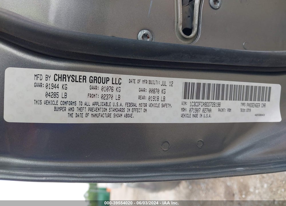 2013 DODGE DART LIMITED VIN: 1C3CDFCA9DD728198