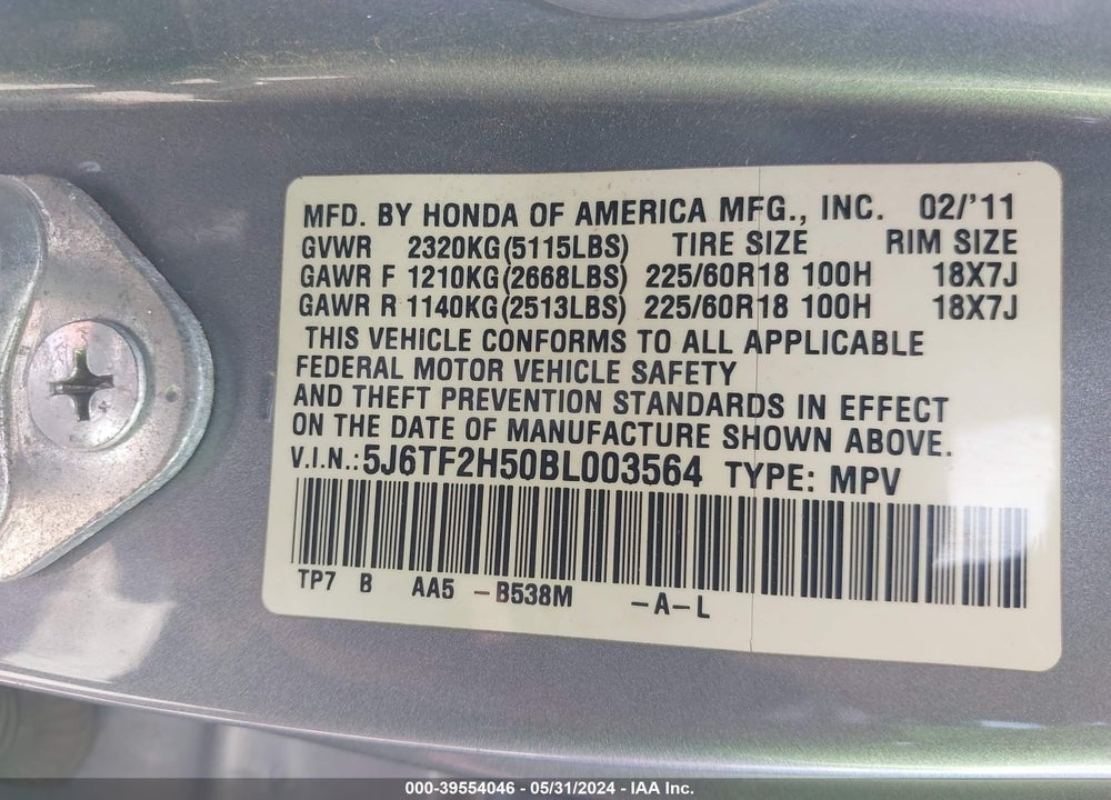 2011 HONDA ACCORD CROSSTOUR EX-L VIN: 5J6TF2H50BL003564