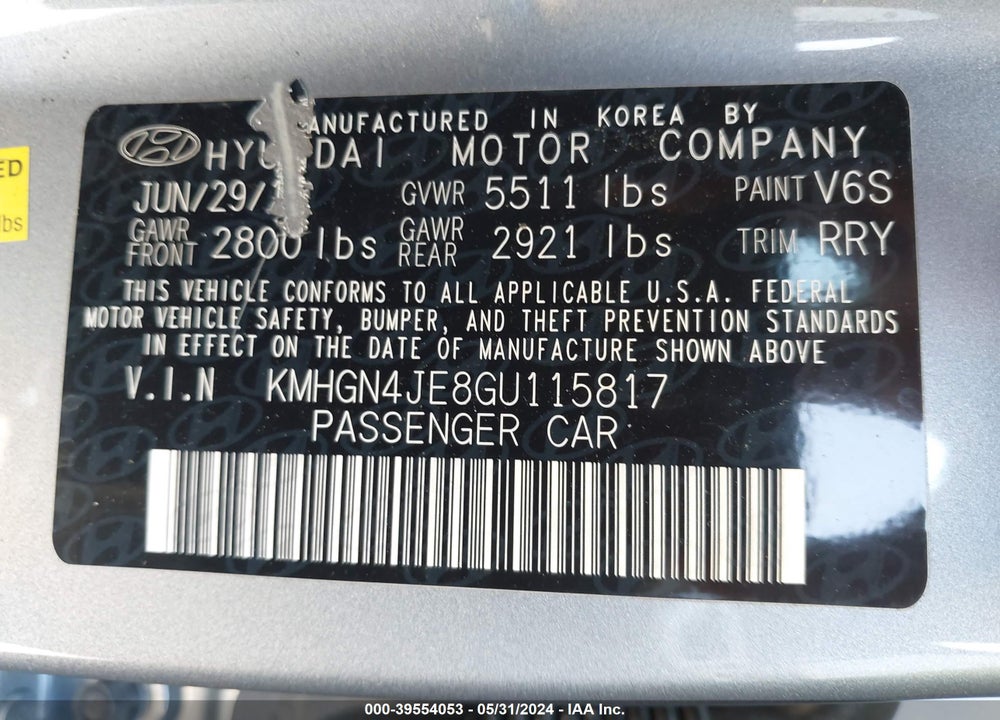 2016 HYUNDAI GENESIS 3.8 VIN: KMHGN4JE8GU115817