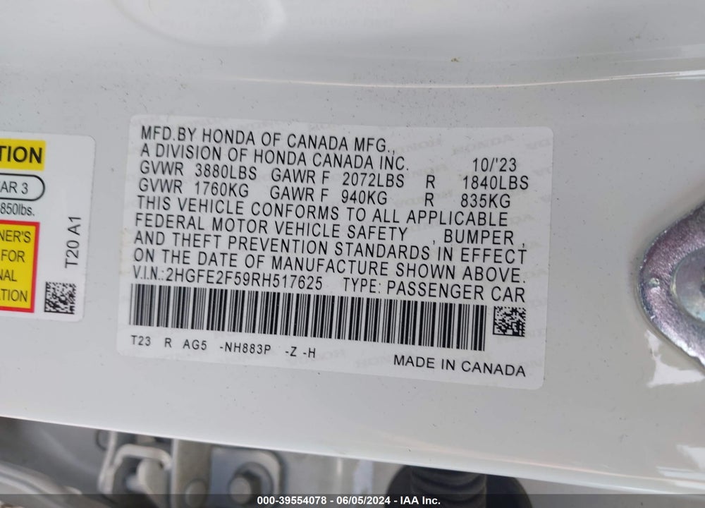2024 HONDA CIVIC SPORT VIN: 2HGFE2F59RH517625