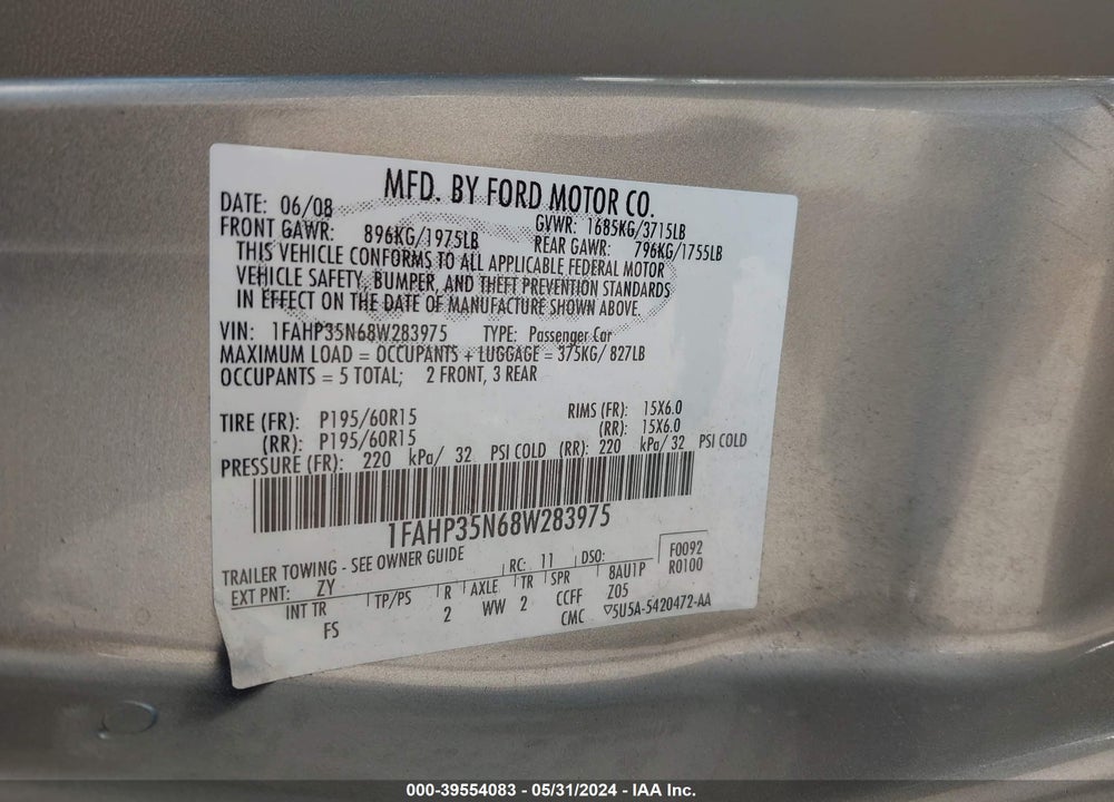 2008 FORD FOCUS SE/SES VIN: 1FAHP35N68W283975