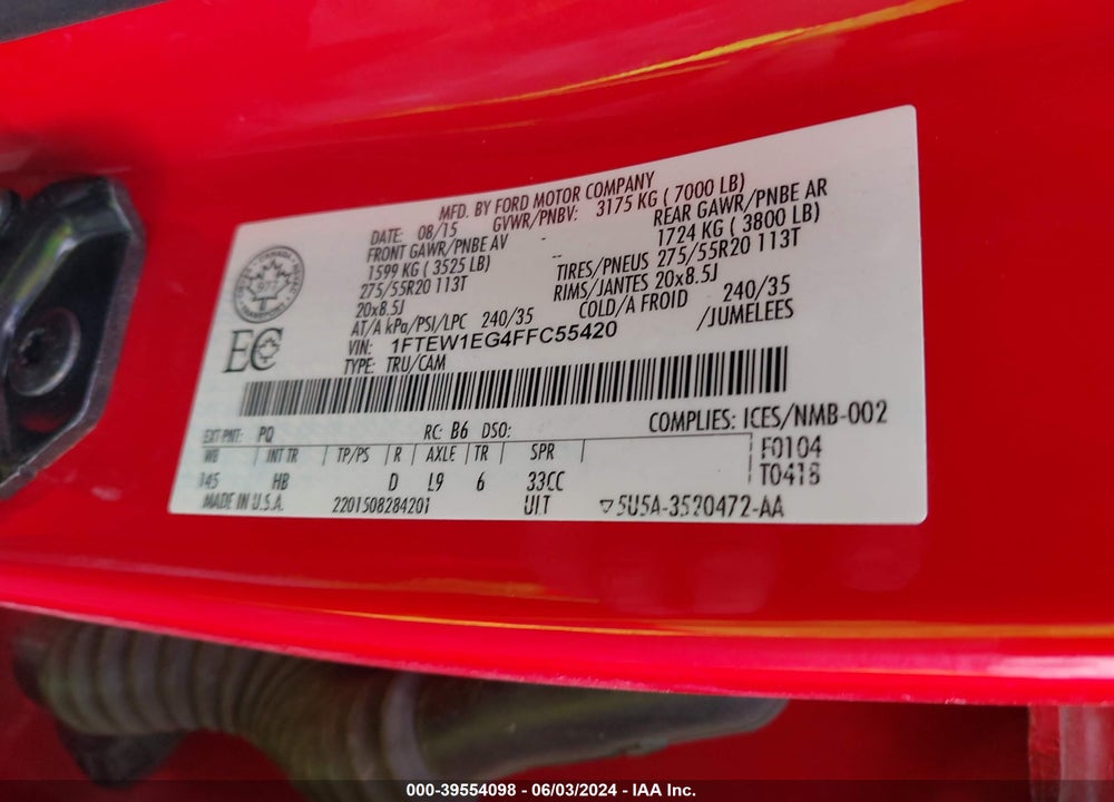2015 FORD F-150 LARIAT VIN: 1FTEW1EG4FFC55420