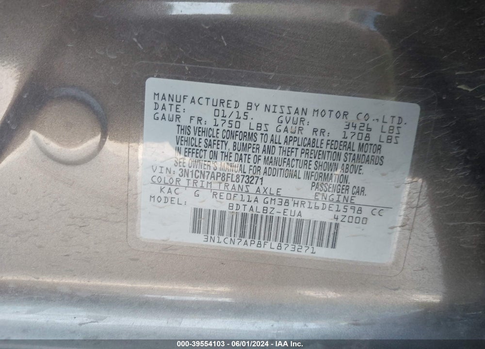 2015 NISSAN VERSA 1.6 SV VIN: 3N1CN7AP8FL873271