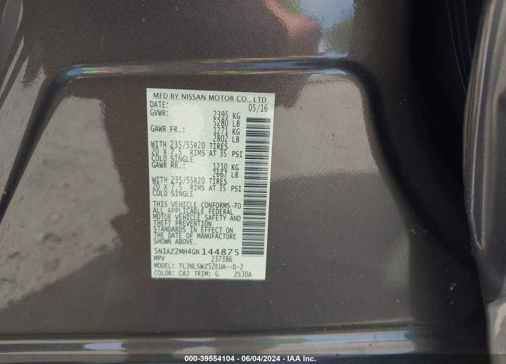 2016 NISSAN MURANO PLATINUM VIN: 5N1AZ2MH4GN144875