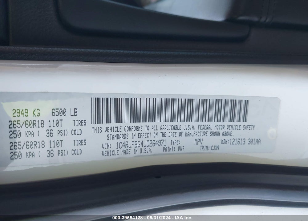 2018 JEEP GRAND CHEROKEE LIMITED 4X4 VIN: 1C4RJFBG4JC264971