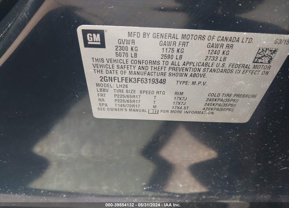 2015 CHEVROLET EQUINOX 1LT VIN: 2GNFLFEK3F6319348
