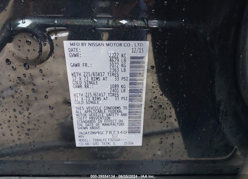 2016 NISSAN ROGUE S/SL/SV VIN: 5N1AT2MV9GC787340