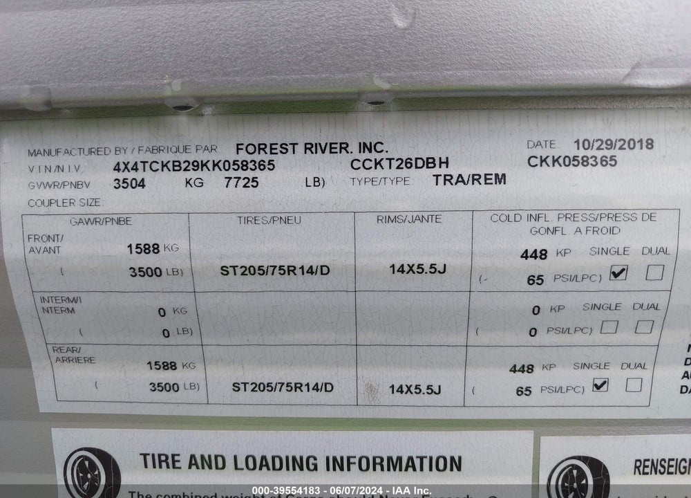 2019 CHEROKEE GRYWL26DBH VIN: 4X4TCKB29KK058365
