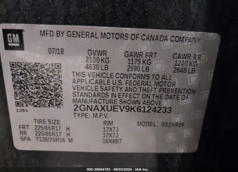 2019 CHEVROLET EQUINOX LT VIN: 2GNAXUEV9K6124233