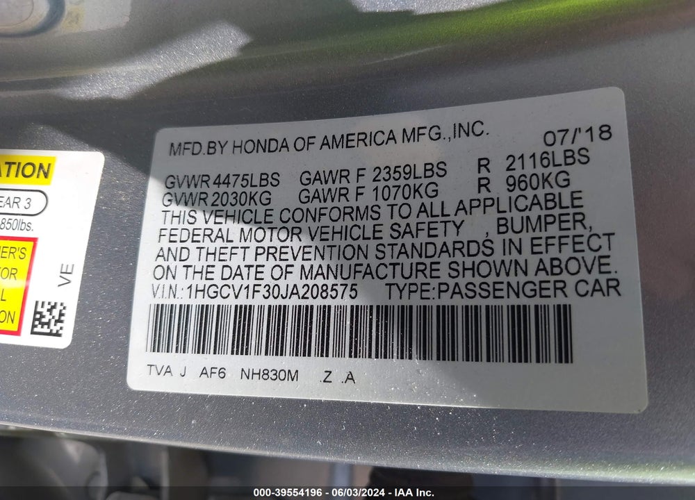 2018 HONDA ACCORD SPORT VIN: 1HGCV1F30JA208575
