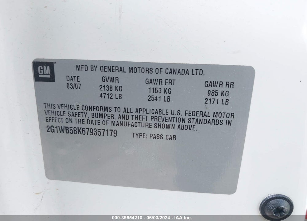 2007 CHEVROLET IMPALA VIN: 2G1WB58K679357179