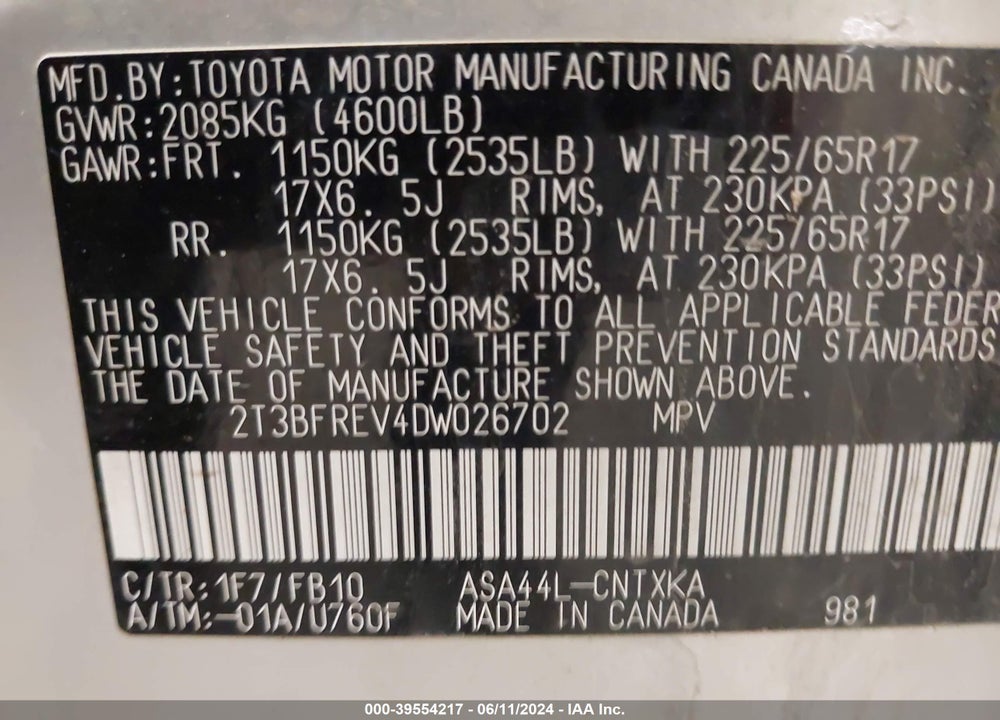 2013 TOYOTA RAV4 LE VIN: 2T3BFREV4DW026702
