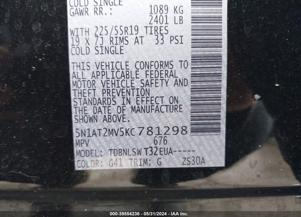 2019 NISSAN ROGUE SL VIN: 5N1AT2MV5KC781298