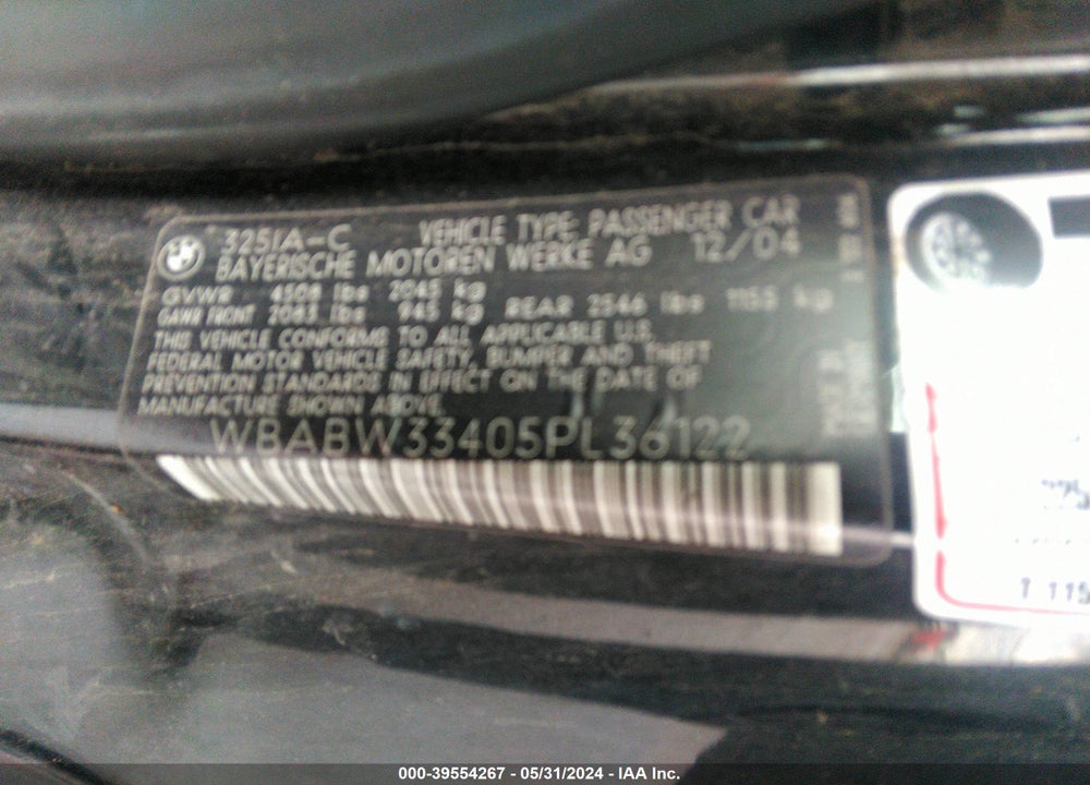 2005 BMW 325CI VIN: WBABW33405PL36122