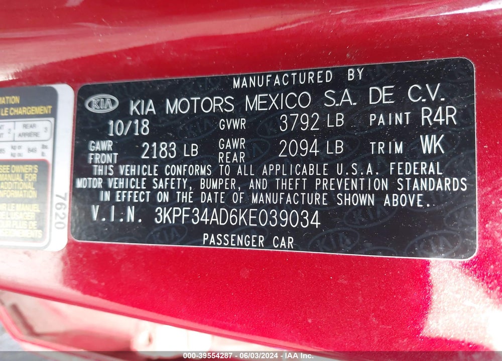 2019 KIA FORTE S VIN: 3KPF34AD6KE039034
