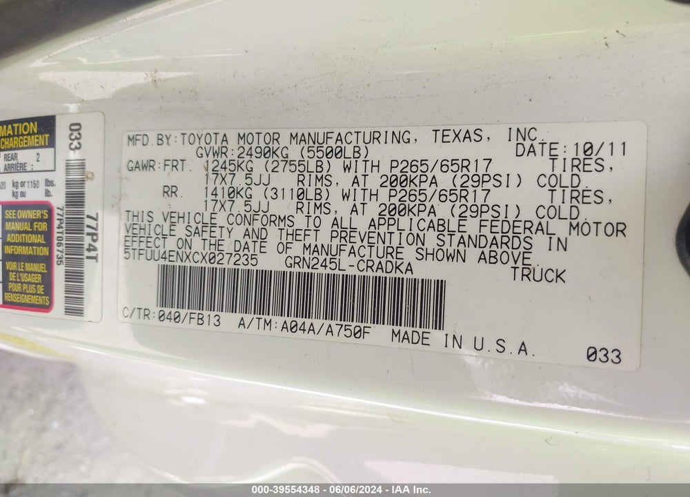 2012 TOYOTA TACOMA BASE V6 VIN: 5TFUU4ENXCX027235