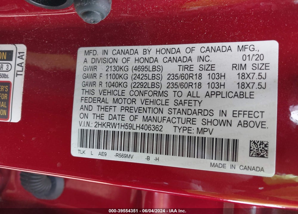 2020 HONDA CR-V 2WD EX VIN: 2HKRW1H59LH406362