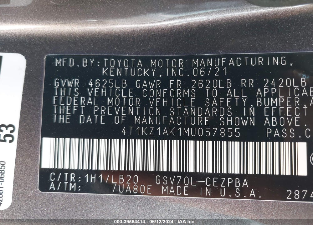 2021 TOYOTA CAMRY XSE V6 VIN: 4T1KZ1AK1MU057855