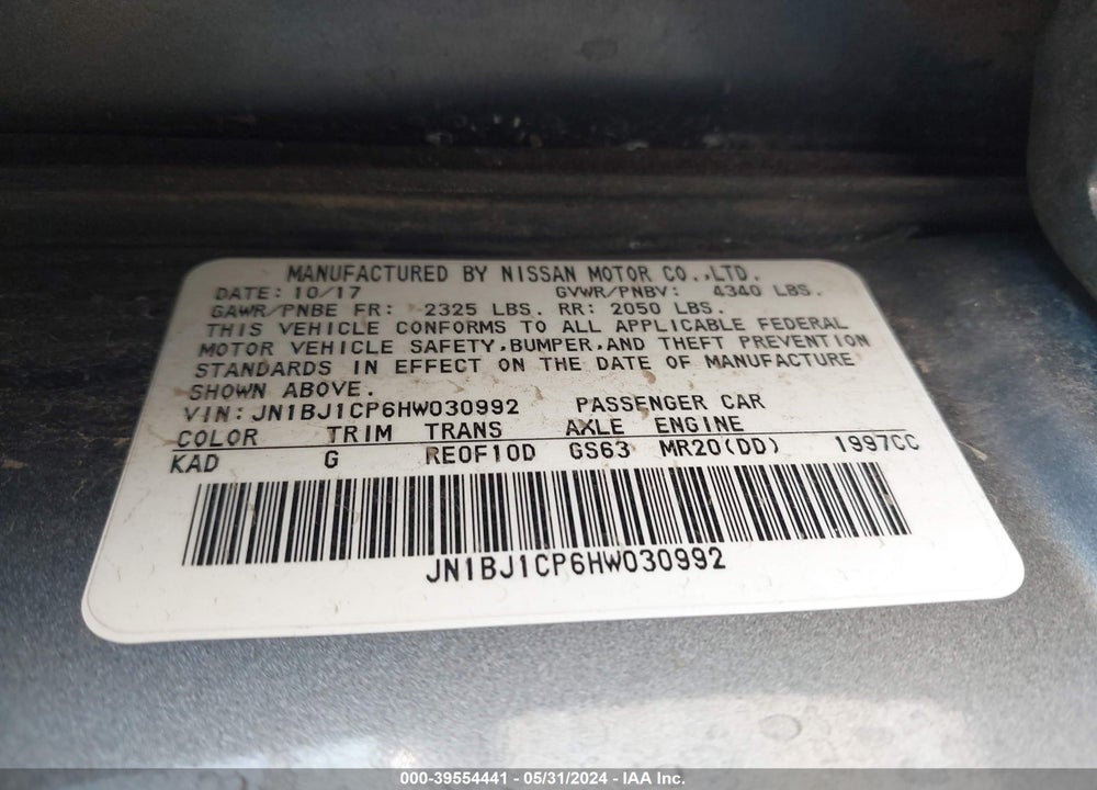 2017 NISSAN ROGUE SPORT SV VIN: JN1BJ1CP6HW030992