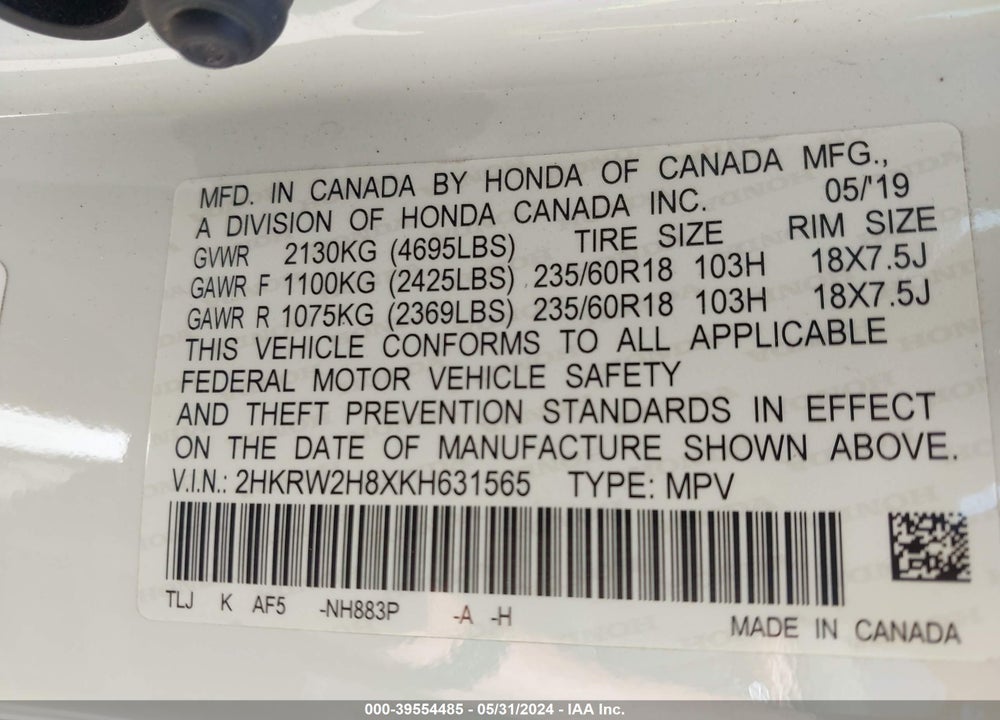 2019 HONDA CR-V EX-L VIN: 2HKRW2H8XKH631565