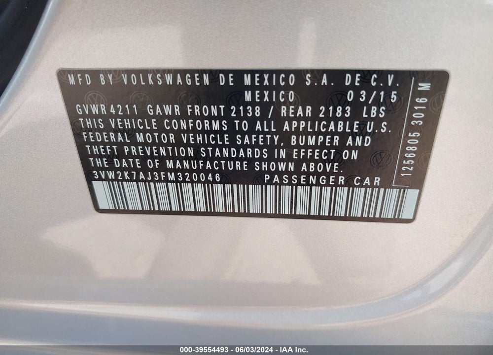 2015 VOLKSWAGEN JETTA 2.0L S VIN: 3VW2K7AJ3FM320046
