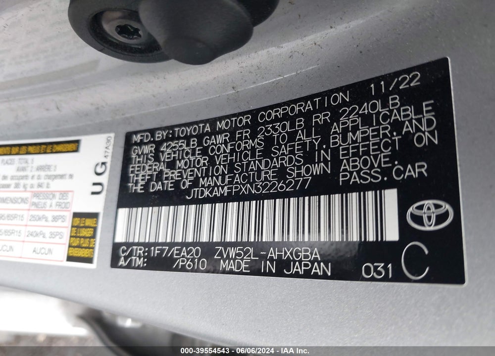 2022 TOYOTA PRIUS PRIME XLE VIN: JTDKAMFPXN3226277