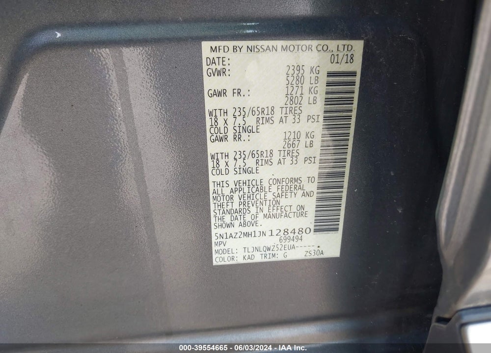 2018 NISSAN MURANO SV VIN: 5N1AZ2MH1JN128480