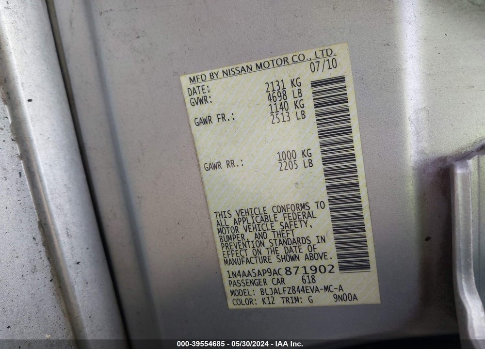 2010 NISSAN MAXIMA 3.5 SV VIN: 1N4AA5AP9AC871902